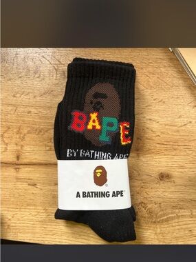 Bape Black Crew Socks with Multicolor Logo and Ape Motif